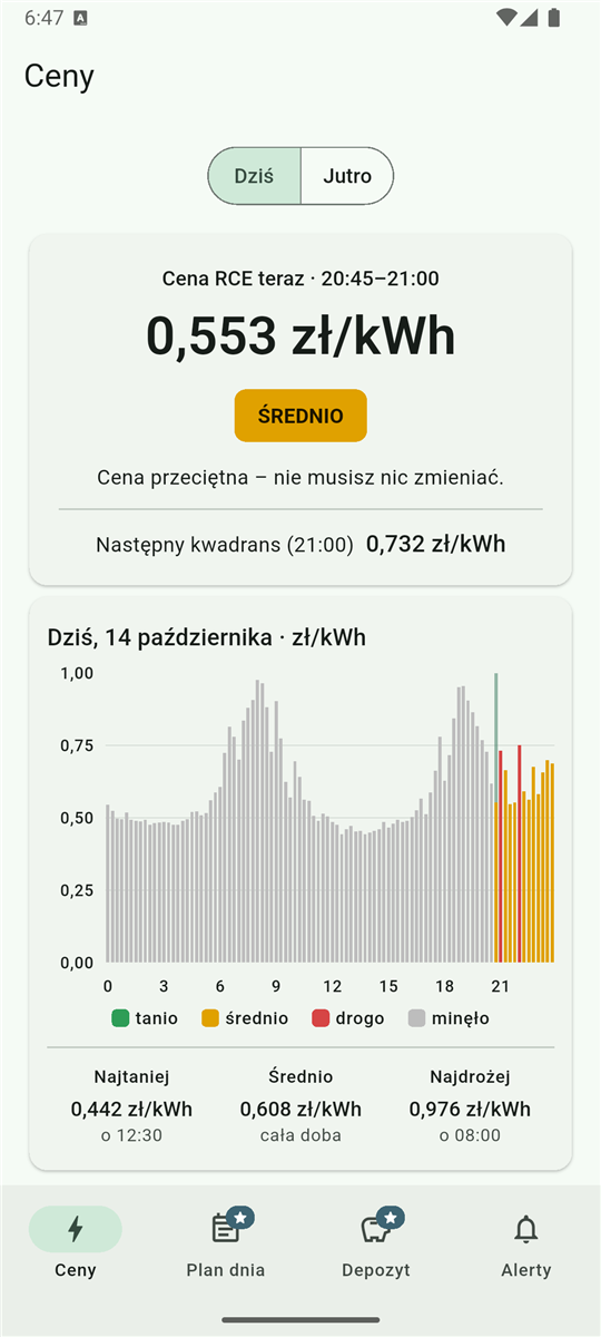 Ekran aplikacji z aktualną ceną RCE i wykresem doby